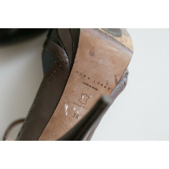 Pura Lopez Grey Brown Patchwork T Strap Sexy All Leather High Heels 36 - Picture 8 of 8